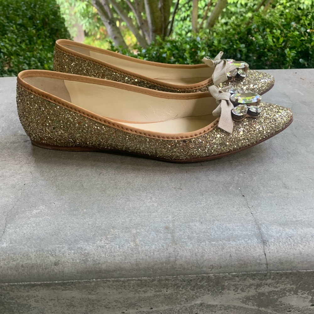 Miu Miu pointed toe glitter flats with large gems Italian 38 1/2